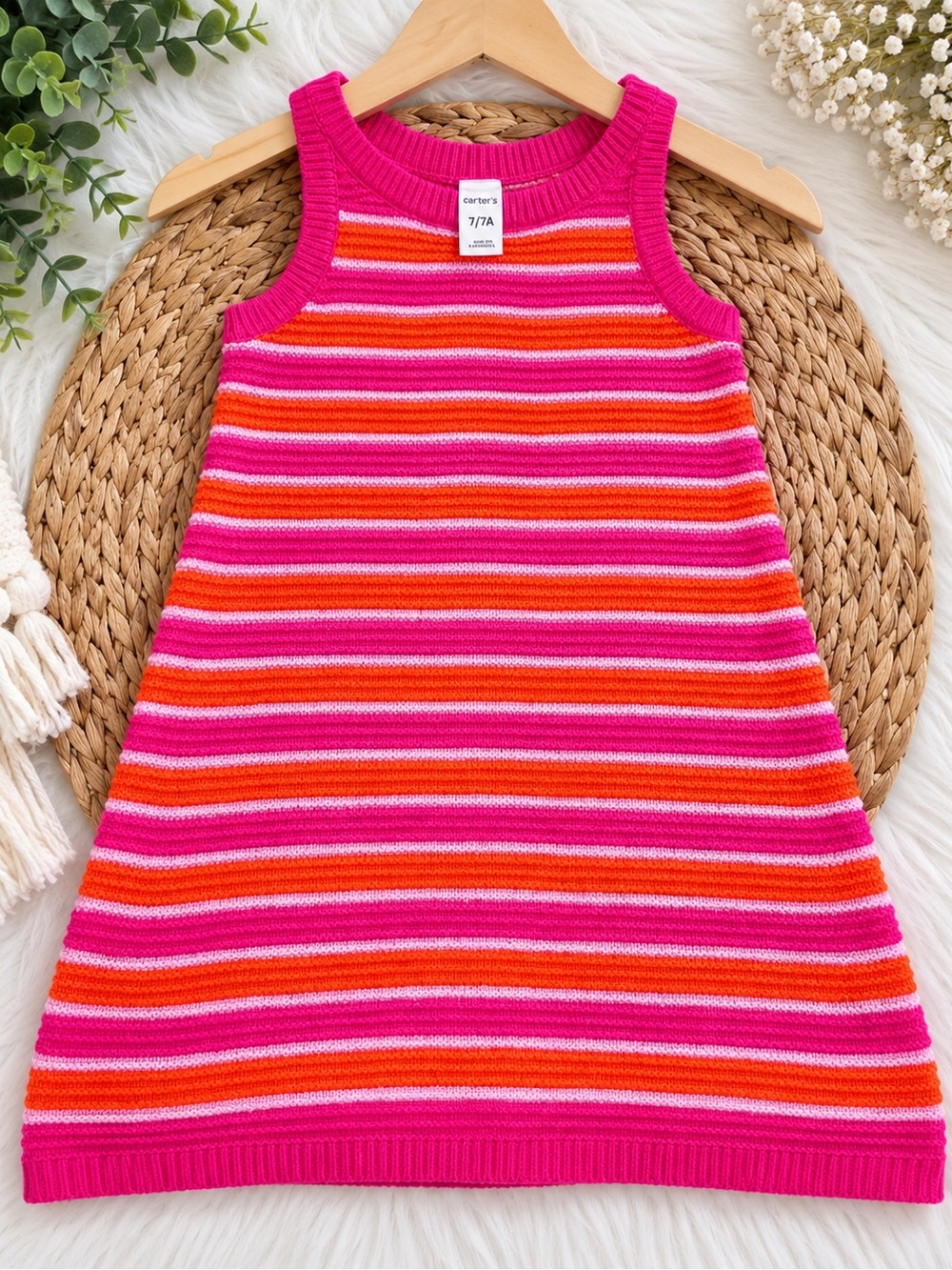 Carter's Hot Pink, Orange & Light Pink Striped Knit Tank Dress